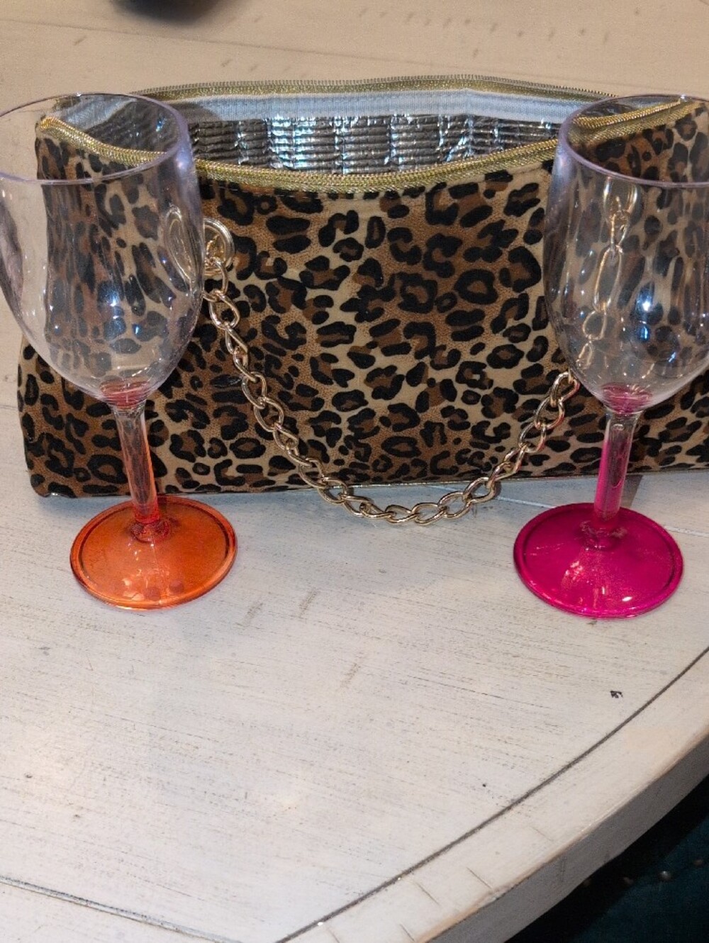 Leopard Print Chain Handle Insulated Wine Tote Bag With Accessories - Picture 9 of 9
